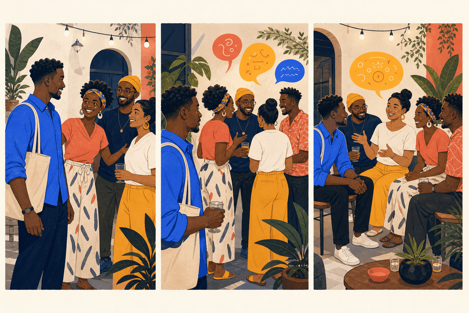 An illustrated newcomer arrives at a mixer, is left outside a laughing circle, then joins a conversation with a welcoming host.